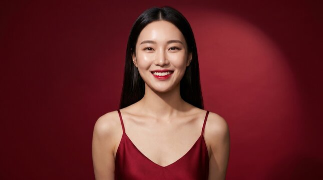 Radiant Young Asian Woman With Elegant Makeup and Red Dress Against Deep Red Background