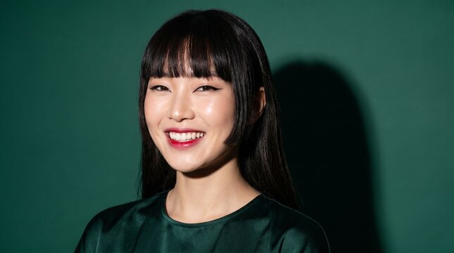 Smiling Asian Woman with Elegant Dark Hair Standing Against a Solid Deep Green Studio Background