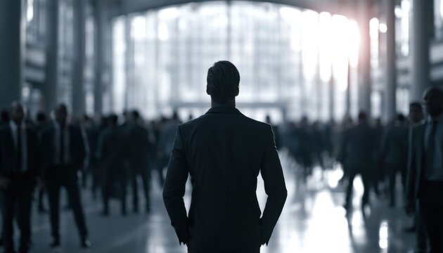 Businessman standing alone facing a crowd of professionals in a busy office lobby