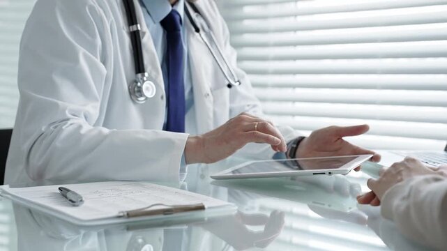 Doctor consulting patient about health, providing medical advice and discussing treatment options during a professional healthcare appointment in an office