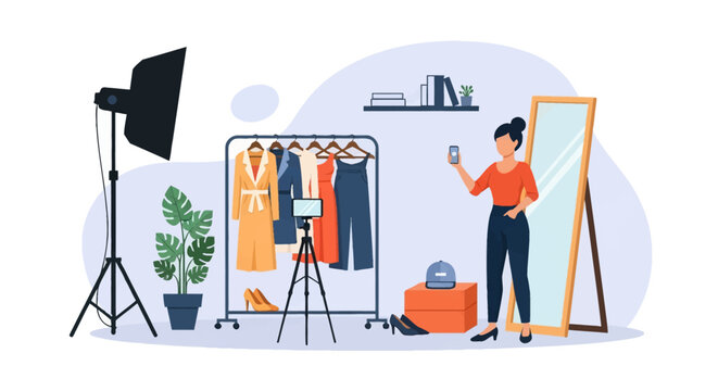 Flat vector illustration of a female fashion influencer filming content in a home studio with softbox lighting, clothing rack, tripod with smartphone, and full-length mirror.