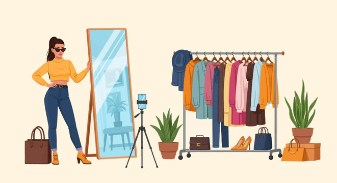 Vector illustration of female fashion influencer filming content with smartphone on tripod. Includes full-length mirror, clothing rack with apparel, bags, shoes, and plants in studio setup.