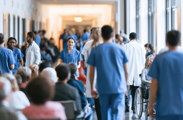 Obraz premium Busy hospital corridor with medical staff and patients in motion