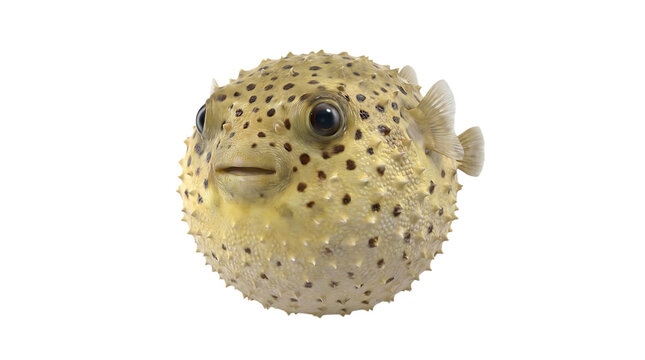 Pufferfish inflated defensive posture underwater sea creature ocean marine life aquatic animal spiny poisonous toxic dangerous marine ecosystem isolated on transparent background.