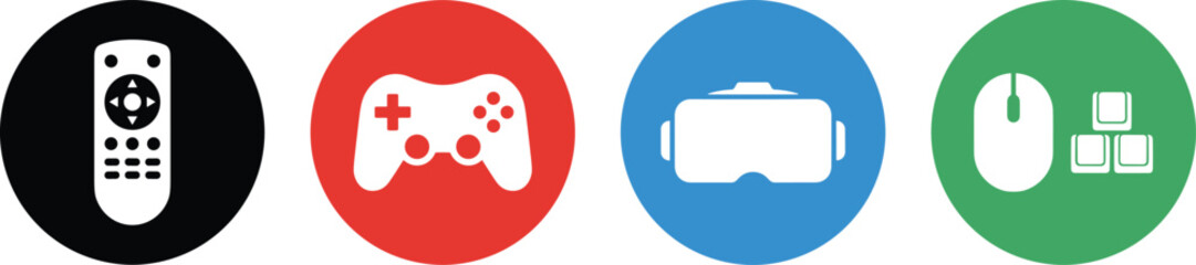 Gaming and Entertainment Hardware Icon Set with Remote Controller Gamepad VR Headset Mouse and Keyboard Symbols in Colorful Circles for Interface Designs © REYAD