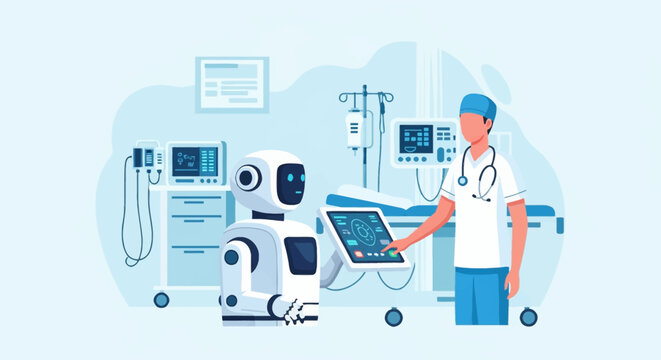 Flat vector illustration of a male healthcare worker using a touchscreen interface on an artificial intelligence medical robot in a hospital ward with monitors and equipment.
