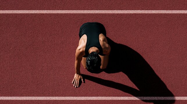 Athlete at starting line on track, preparing for race, dynamic pose, high angle view