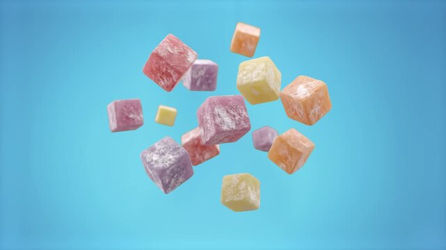 A dynamic 3D graphic animation featuring dusting-powdered cubes of traditional Turkish delight candy floating and rotating against a solid bright blue backdrop. Suitable for international confectioner
