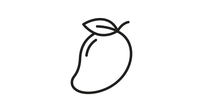 Simple line drawing of a mango with a leaf on a white background in a minimalist style.