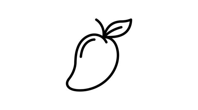 Simple line drawing of a mango with a leaf on a white background in a minimalist style.