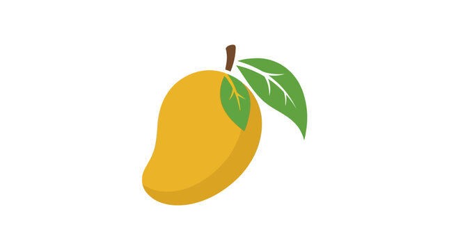 Flat illustration of a ripe mango with a green leaf against a clean white background.