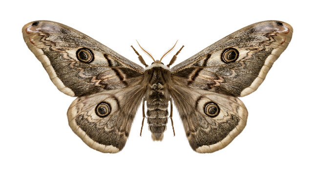 Large brown moth with intricate wing patterns and eye spots resting on transparent background an insect specimen for nature study entomology or graphic design elements.