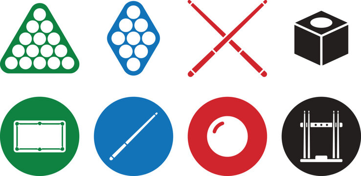 Billiards and Pool Game Equipment Icon Set with Snooker Balls Triangle Diamond Racks Cue Sticks Chalk Table and Storage Rack Symbols