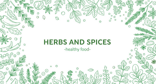 Elegant green line art border featuring various fresh herbs and spices framing the text for healthy food concepts.