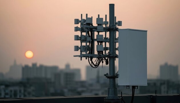 Cellular antenna array mounted on a rooftop against a city skyline at sunset