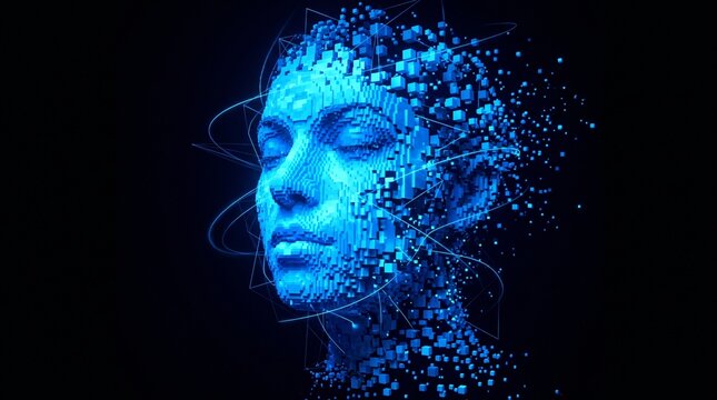 Digital Human Face Transformation with Particles and Light Effects.