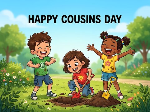 Happy children playing together in a garden celebrating cousins day with smiles and shovels
