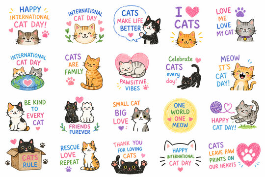 Collection of cute hand drawn cat illustrations and slogans for International Cat Day celebration.eps,Collection of cute hand drawn cat illustrations and slogans for International Cat Day celebration.