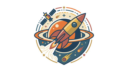 Space launch emblem with rocket ship and planets. © Akun