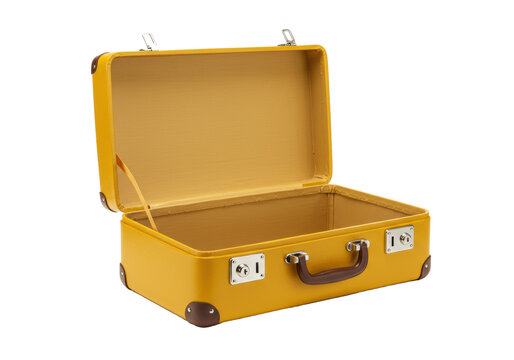 Open mid-century yellow suitcase with a satin interior isolated on a transparent background with copy space for advertising. Concept of readiness for a journey