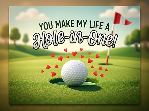 Romantic golf theme greeting card with hole in one and hearts for special occasions
