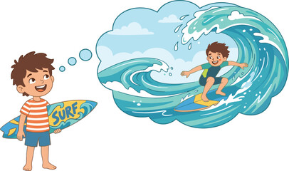 Happy cartoon boy holding surfboard dreaming of surfing on ocean wave, summer vacation vector illustration