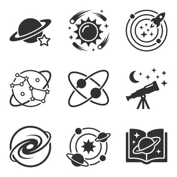 Black and white astronomy icons set.