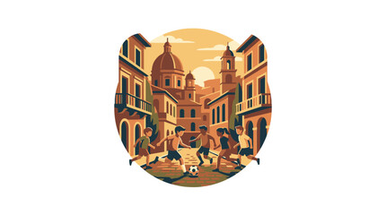 Street soccer game in a historic European city square illustration. © Akun