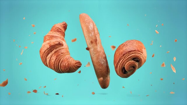Classic French bakery products&mdash;a golden croissant, a crusty baguette, and a chocolate pastry puff&mdash;hovering dynamically with scattered crumbs over a bright turquoise background. This vibrant 3D concept