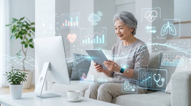 Happy senior woman using a tablet for telemedicine and remote health monitoring at home, surrounded by floating digital medical icons and graphs.