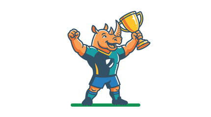 Strong rhino athlete mascot celebrating with championship trophy. © Akun
