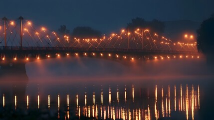 Fototapeta premium An ethereal historic bridge glows over a river surrounded by mystical fog and geometric patterns