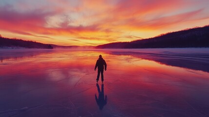 Fototapeta premium Solitary figure skates across a frozen lake reflecting a vibrant sunset.