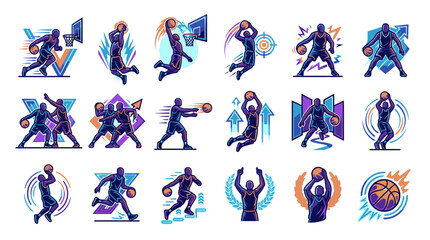 Stylized basketball player action silhouettes and graphic icons. © Akun