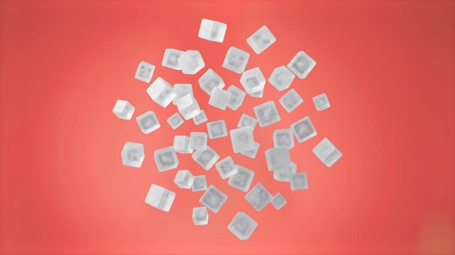 A vibrant 3D animated scene showing semi-transparent salt cubes drifting dynamically across a rich red studio backdrop. Great for spicy food concepts, energetic snack marketing, and bold culinary moti