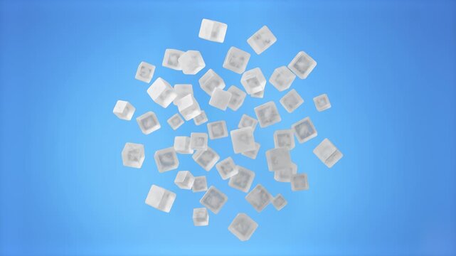 A clean 3D graphic rendering of translucent salt cubes suspended mid-air over a bright blue gradient background. Excellent for health and wellness videos, sodium reduction campaigns, or clean commerci