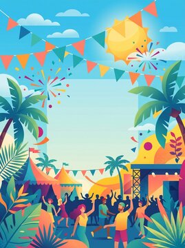 Vibrant Summer Music Festival Background with Palm Trees and Crowd