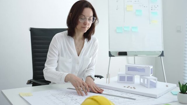Professional female architect working on blueprints and scale models at a bright office desk, concentrating on urban planning, structural design and project development