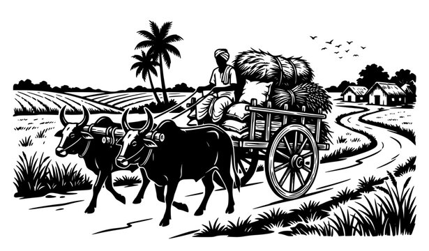 Black and White Traditional Ox Cart Silhouette Vector Illustration