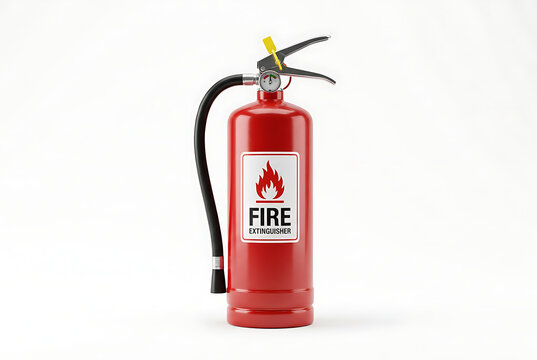 Red portable fire extinguisher with hose and nozzle on white background representing safety equipment and emergency preparedness for industrial and domestic use.