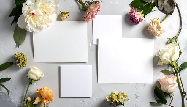 flat lay of blank paper stationery mockup with fresh peony and rose flowers on stone background, wedding invitation card design element