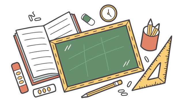 Educational composition featuring open notebook and chalkboard with various school tools and objects.