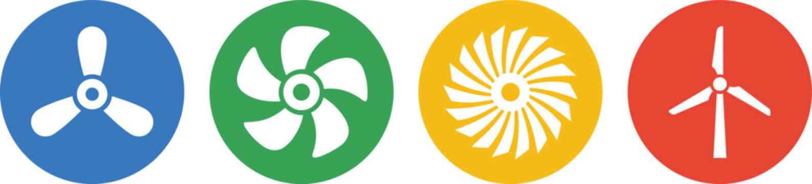 Industrial Propeller Fan Blade and Wind Turbine Icon Set with Cooler Impeller and Ventilator Symbols in Colorful Circles for Engineering Vector Designs