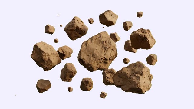 Heavy brown dirt clumps, soil clods, and textured stones blast outward against a minimalist, bright backdrop. This dynamic 3D simulation element is optimized for agriculture, off-road driving clips, o