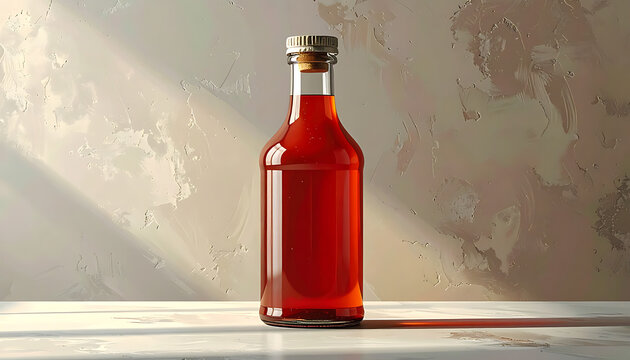 Glass bottle with amber liquid and cork stopper, moody rustic interior lighting