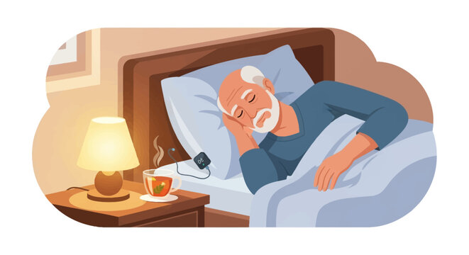 Vector illustration of a senior man with a white beard sleeping peacefully in bed. Side table features a glowing lamp, steaming herbal tea, and a digital sleep tracker device.