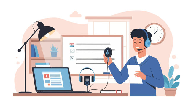 Flat vector illustration of a male online tutor wearing a headset and holding a magnifying glass, teaching a remote language course from a home office desk with a laptop and whiteboard.