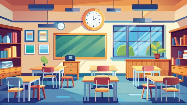 Classroom interior with school desks chalkboard and bookshelf in flat cartoon style vector illustrat.