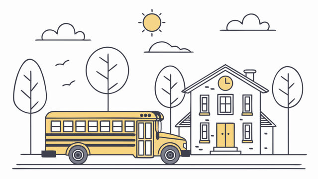 Minimal school bus parked in front of educational building with sun clouds and stylized leaf trees.