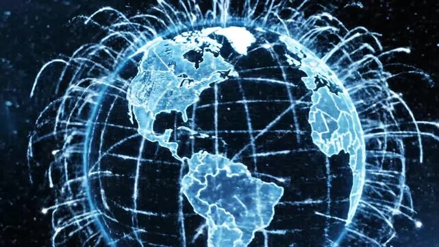 Digital blue globe with global network connections.